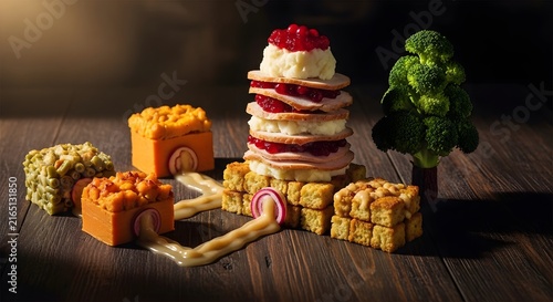 Imaginative Miniature City Landscape Crafted from Delicious Food Ingredients including Broccoli and Savory Meats