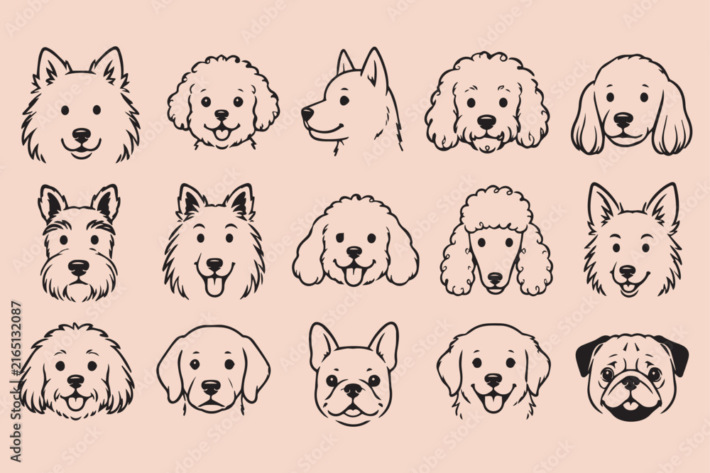 Fototapeta premium Cute Hand Drawn Dog Breed Portrait Collection with Minimal Canine Line Art Illustrations