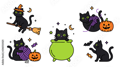 Halloween Black Cats with Magical Accessories Illustration