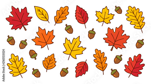 Colorful Autumn Leaves and Acorns Flat Illustration