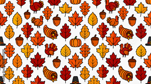 Vibrant Autumn Leaves Pattern with Turkeys and Acorns Illustration