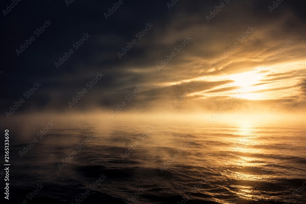 Obraz premium Divine light breaking through dark clouds over ancient waters. Biblical creation scene symbolizing the beginning of life, hope, faith, and spiritual renewal.