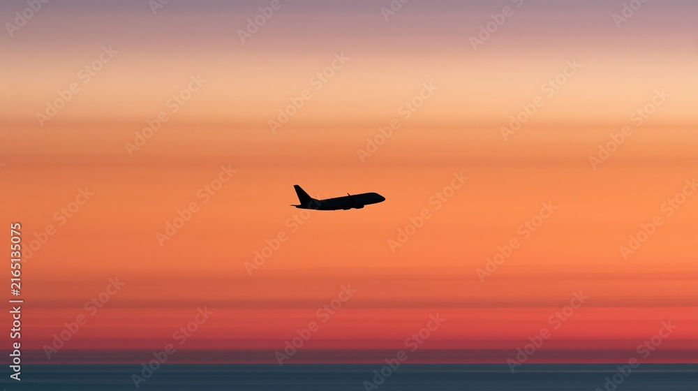 Fototapeta premium Silhouette of a commercial airplane flying across a vibrant sunset sky over the ocean
