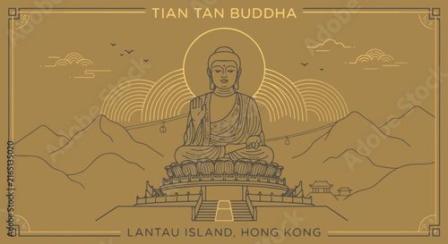 Line art vector illustration of the Tian Tan Buddha (Big Buddha) on Lantau Island, surrounded by misty mountains, warm gold and charcoal tones, modern minimalist poster style.