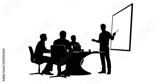 Silhouette of business team in meeting with presentation with one standing whiteboard three seated table laptops black silhouette four people meeting