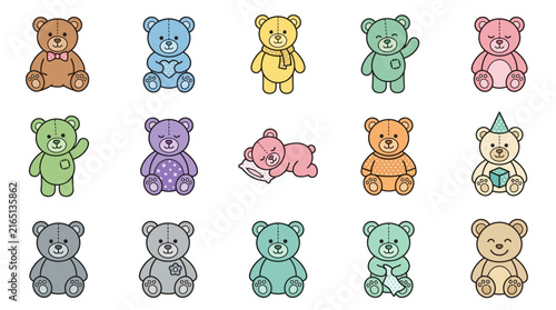 Colorful Teddy Bear Icon Set