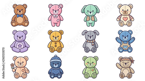 Cute Teddy Bear and Stuffed Animal Icon Set