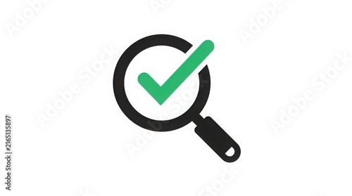 Magnifying glass inspecting green checkmark symbolizing approval and verification process