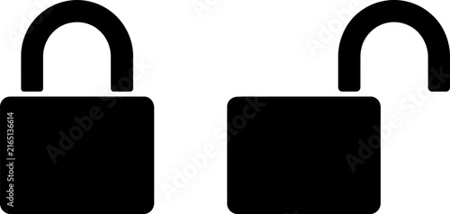 A black and white vector illustration showing a locked padlock icon next to an unlocked padlock icon for digital security concepts