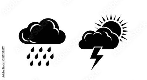 Bild auf Leinwand Weather icons for rain with depicting rainy cloud thunderstorm lightning white b