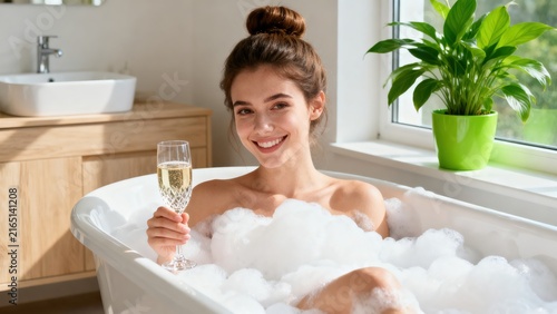 Woman Relaxing In Bubble Bath With Champagne Glass In Luxury Home Spa Bathroom

