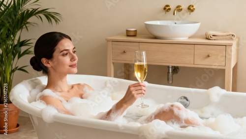 Woman Relaxing In Bubble Bath With Champagne Glass In Luxury Home Spa Bathroom

