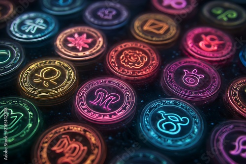 A vibrant collection of glowing fantasy coins with intricate symbols, creating a magical and captivating visual experience.
