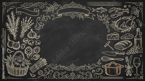 Decorative chalkboard menu background featuring hand drawn culinary illustrations of fresh food ingredients and elegant ornate floral frame design elements
