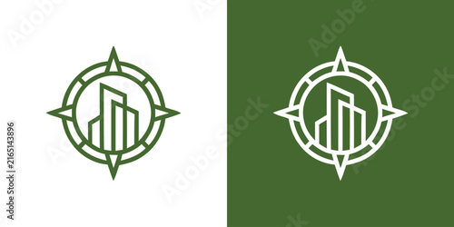 Corporate building compass navigation and city guide logo.