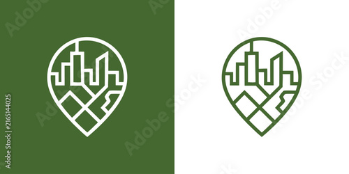 city skyline and mountain range within location pin map symbol.