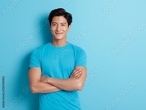 Plakat 腕を組んで自信のある表情で微笑む青いTシャツの若い男性