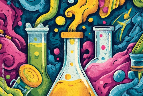 Vibrant science illustration featuring beakers, colorful liquids, and abstract shapes creating a visually engaging and dynamic composition.