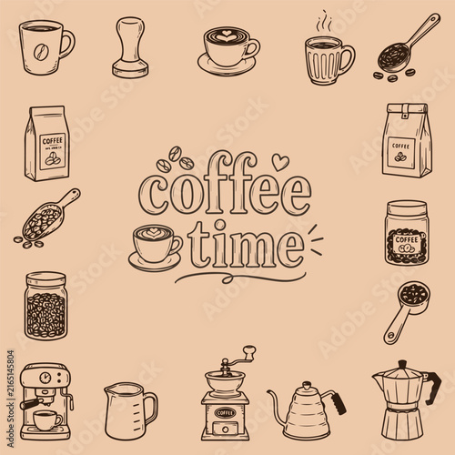 Coffee-themed vector illustration featuring various coffee-related elements, including cups, beans, and brewing tools, arranged around a central Coffee Time text. Perfect for coffee lovers and desig