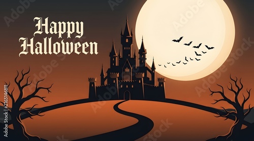 Spooky haunted castle silhouette under a large full moon background