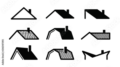 Nine black roof silhouette icons showing diverse architectural shapes for residential building construction and home design