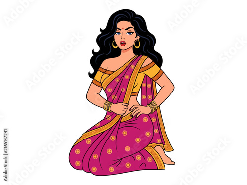 Bild auf Leinwand Beautiful Indian Woman in Traditional Pink Saree Vector Illustration, Pop Art St