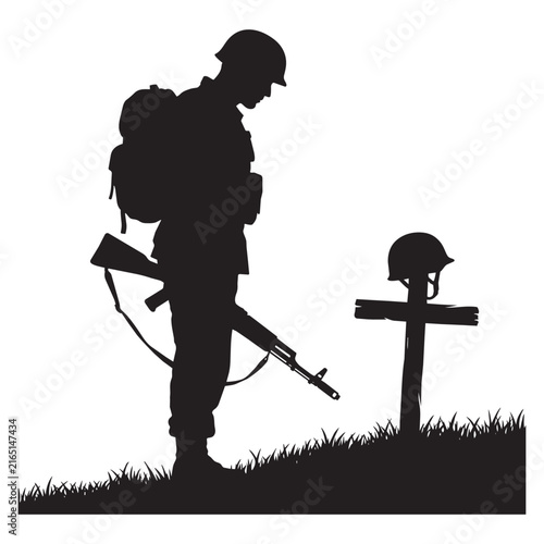 Solemn silhouette of a soldier standing before a makeshift cross grave of a fallen comrade.
