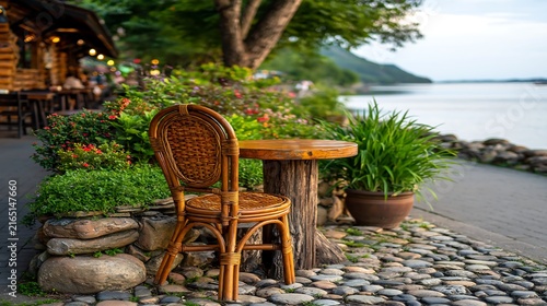 Wicker chair and table by lake during golden hour with lush garden and mountain view