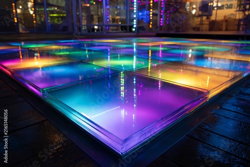 Illuminated Dance Floor: A vibrant and colorful dance floor with square panels glowing in various shades of blue, purple, and yellow.