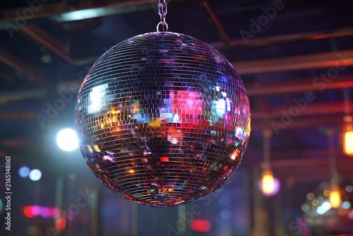 Sparkling Disco Ball Reflecting Colorful Lights in a Nightclub, Creating a Vibrant and Festive Atmosphere