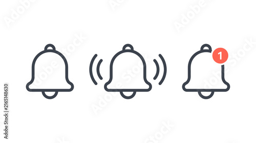 Notification bell set featuring simple line art vector design elements for digital application user interface systems with red alert badge