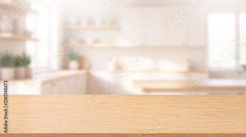 Light Wooden Tabletop with Bright Blurred Modern Kitchen Background and Copy Space for Product Display