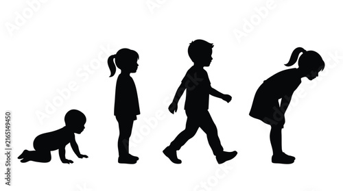 Detailed black silhouette vector illustration showing different stages of childhood growth from baby to young kid