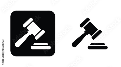Minimalist vector illustration featuring black and white judicial gavel icons for legal and justice concepts