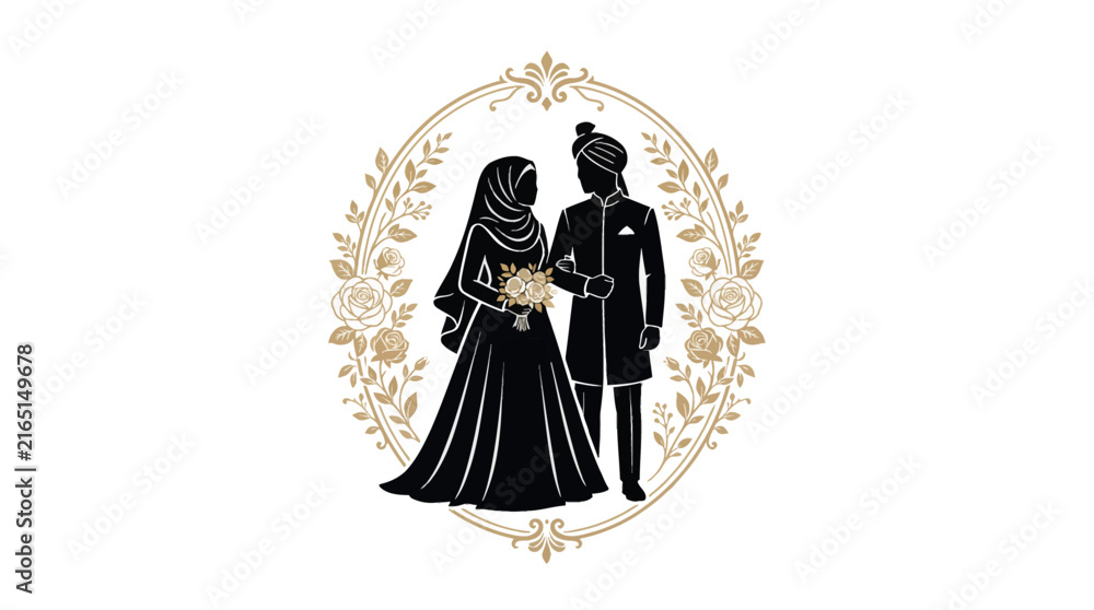 Fototapeta premium Islamic wedding vector logo with Muslim bride and groom illustration design by alevidhanu
