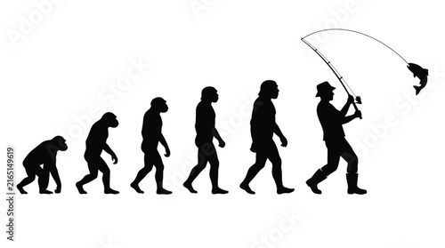 Evolutionary progress of mankind showing a primitive ape turning into a modern human fisherman catching fish