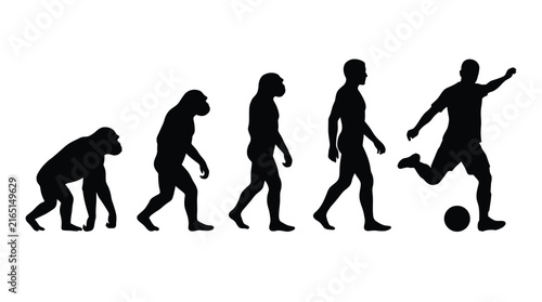 Evolution of man vector illustration showing human development from prehistoric primates to modern soccer playing athlete