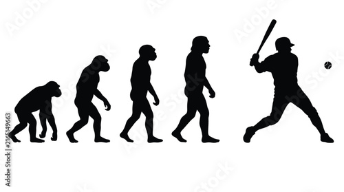 Human evolution sequence illustration showing prehistoric primates transforming into a modern professional baseball athlete batting player
