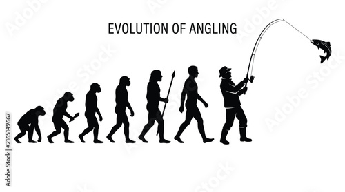 Evolution of angling vector illustration showing human development from primates to modern fisher catching a fish