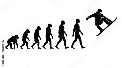 Human evolution progression graphic showing transformation from primitive primate into modern professional extreme snowboarder jumping high