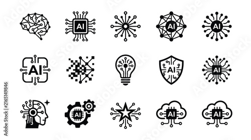 Artificial intelligence vector icons set featuring modern technological symbols for digital interface and software design applications