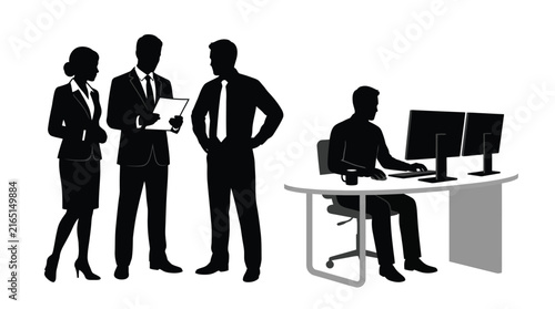 Business people silhouette vector illustration showing office employees working together in a professional corporate environment setting
