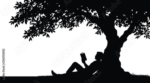 Silhouette illustration featuring man sitting under large oak tree while reading his favorite paper book