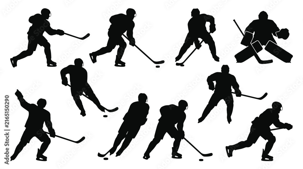 Fototapeta premium Multiple ice hockey players performing athletic skating and shooting moves in this professional vector graphic illustration