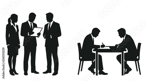 Professional business people working in a modern office environment shown as clean black vector graphic silhouettes