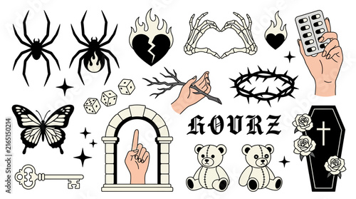 Edgy Y2K Indie Tattoo Flash Illustration Set with Spiders, Coffin, and Streetwear Elements
