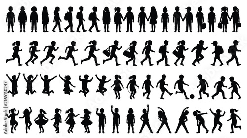 Diverse group of young children playing and running illustrated as black vector graphic silhouettes collection set