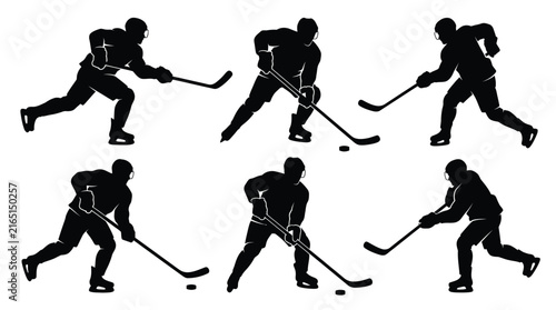Hockey player silhouettes showing different dynamic skating poses rendered as professional high contrast vector graphic illustrations