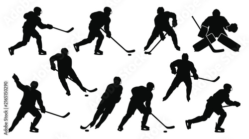 Multiple ice hockey players performing athletic skating and shooting moves in this professional vector graphic illustration