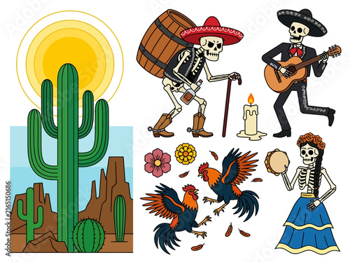Mexican Day of the Dead Dia de los Muertos Vector Illustration Set with Skeletons, Mariachi, Fighting Roosters, and Cactus Desert Landscape